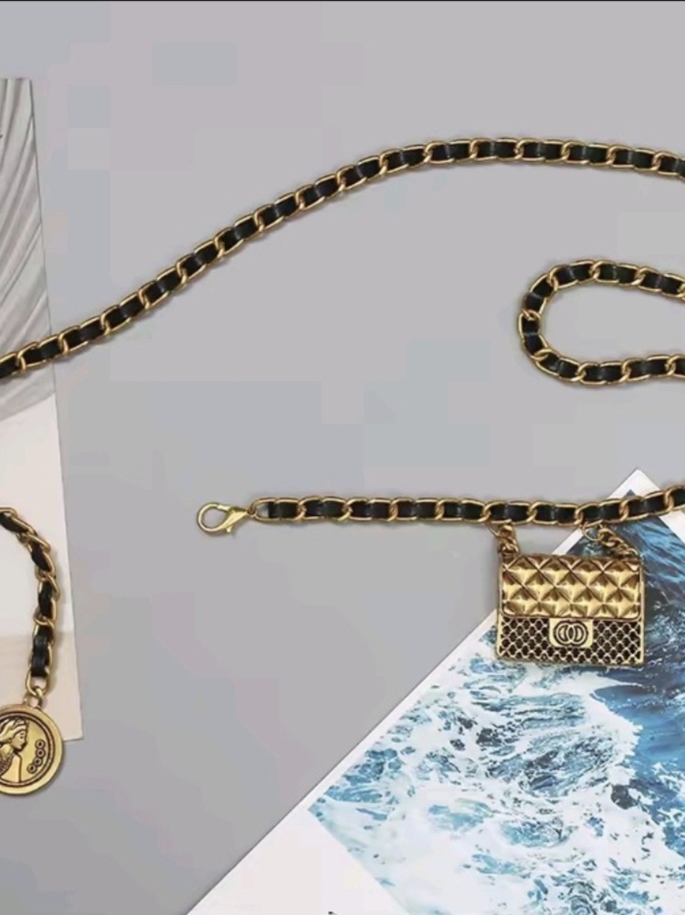 Black and Gold Chain Waist Belt with Mini Bag Charm - Picture 6 of 7